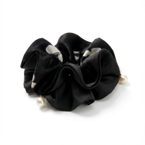 Black Velvet Hair Scrunchie with Pearl and Floral Accent